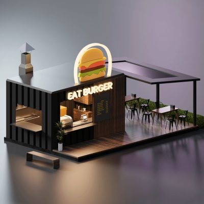 Isometric view minimal burger restaurant container store exterior architecture, 3d rendering digital art. Blender:File:D:all works ssdortho cafe50.blend