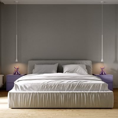 Modern interior white bedroom with purple bedside tables