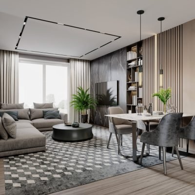 Modern studio living room with dining table and corner sofa in brown and beige colors with black marble wall with wood planks with bookcases. 3d rendering.