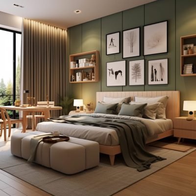 there is a bed with a foot stool in a room. generative ai.